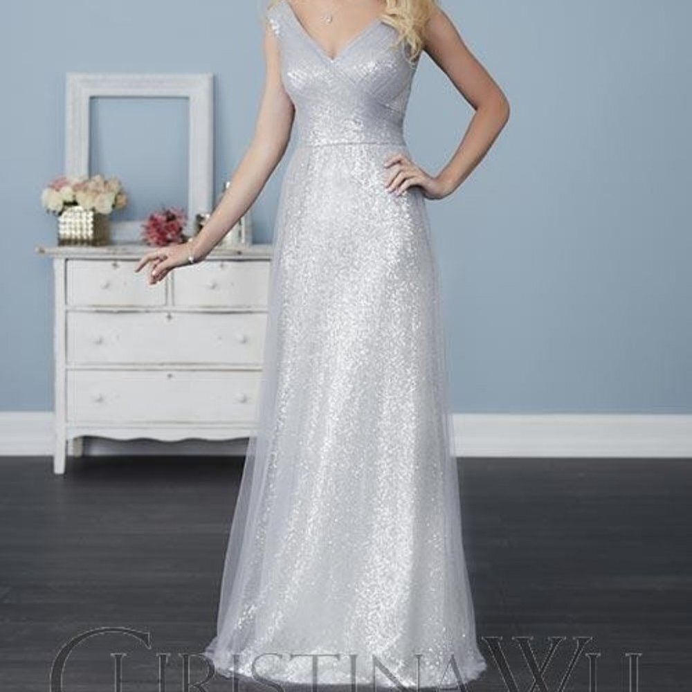 NEW Christina Wu Navy Blue Tulle & Sequin V Neck Bridesmaid Maxi Dress Z40 - Picture 6 of 10
